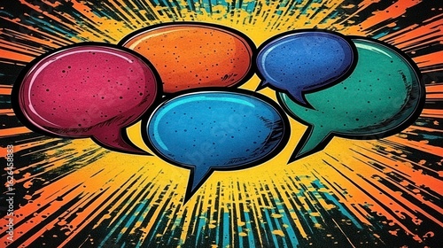 Vibrant speech bubbles in bold colors stand out against a striking, explosive backdrop