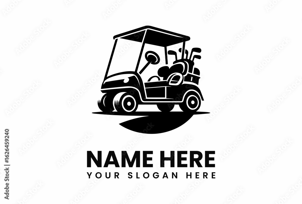 Obraz premium Stylized Golf Cart with Clubs Silhouette Sporty Vehicle Icon.