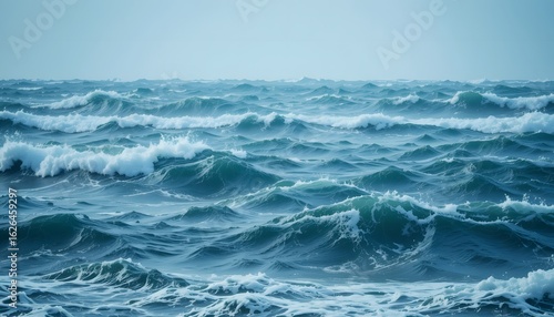 Turbulent ocean waves under a hazy sky creating a dynamic seascape