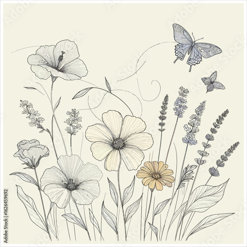 Vector art of floral meadow with butterflies and lavender