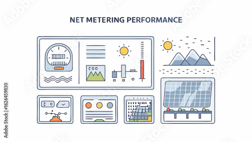 Illustration of net metering performance with gauges charts and solar panels displayed in a grid format