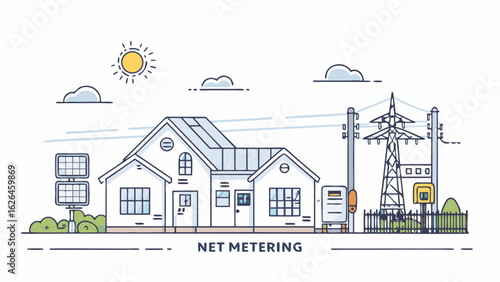 Illustration of a house with solar panels, power lines and net metering infrastructure during daytime