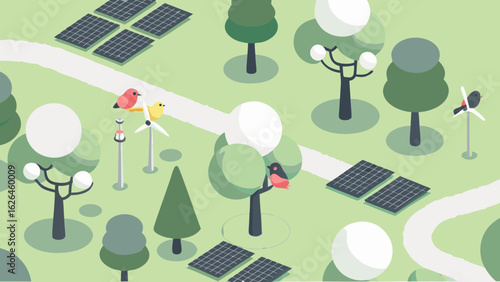 Isometric view of a park with solar panels wind turbines and birds in a light green environment