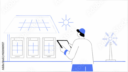 Person with tablet near solar panels and wind turbine showcasing renewable energy solutions and monitoring technology