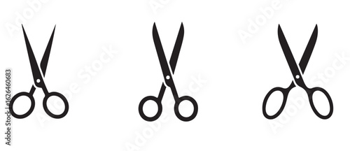 Three black scissor icons arranged horizontally on a white background in a simple graphic design style