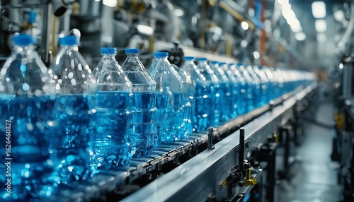 a long conveyor belt carries rows of filled plastic water bottles through a modern bottling plant.
