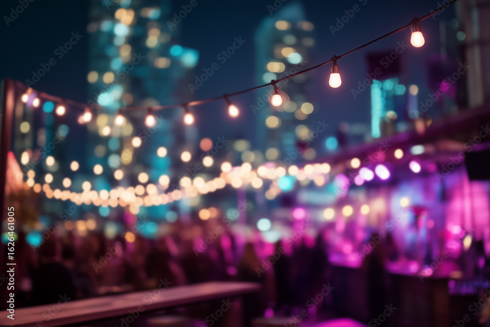 Fototapeta premium Night rooftop bar scene with string lights and soft bokeh, city skyline in background, glowing atmosphere ideal for nightlife, rooftop lounge, or urban party themes