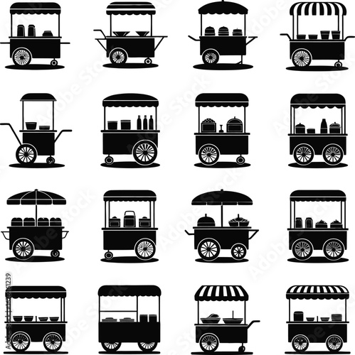 Collection of diverse food cart silhouettes on a white background representing street food vendors