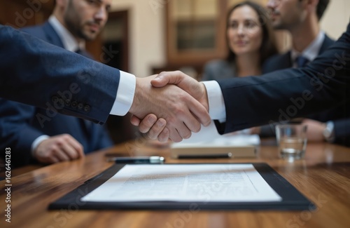 Two businessmen shake hands over signed contract in corporate office. Group of professionals involved in deal negotiations. Formal meeting with papers open on wooden table.