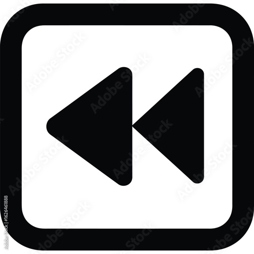 A black and white rewind icon with two left pointing triangles inside a rounded square shape graphic element silhouette