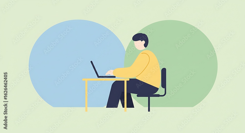 Fototapeta premium Young student artist sitting on a chair at a desk with a laptop, painting a picture