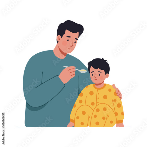Parent giving medicine spoon to sick child in pajamas