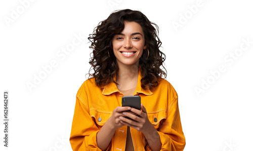 Latin American Woman Holding Smartphone and Smiling, Front Portrait View, Isolated on Transparent Background