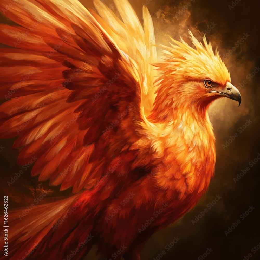 Fototapeta premium Majestic phoenix in mid-flight, vibrant orange plumage, white tail, spread wings, freedom. Dark, blurred tree backdrop adds depth to scene. Mythical creature, majestic bird, fiery, immortal, magic,