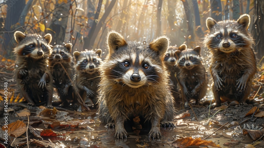 Obraz premium A charming scene of a group of raccoons exploring a forest floor, their curious expressions and the detailed surroundings captured with an engaging, realistic quality