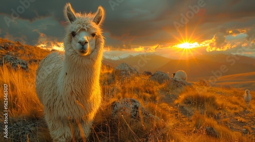 A charming image of a llama with a scenic mountain backdrop, its wool texture and gentle expression captured in the golden light of sunset.