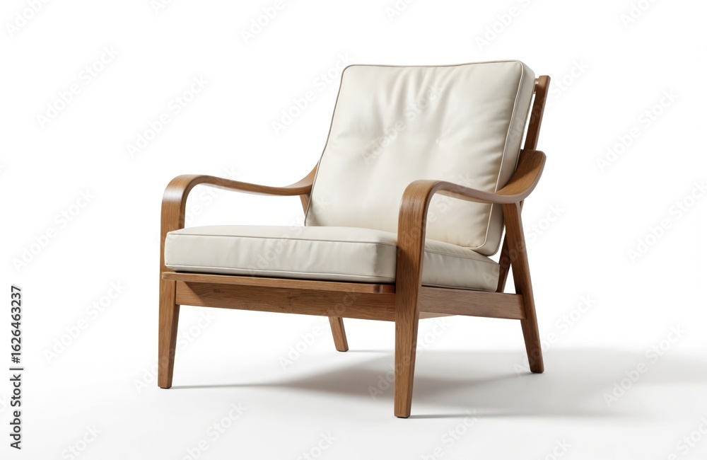 Beige armchair in midcentury modern style with wooden frame, white cushioned. Curved backrest in elegant, minimalist design. Gray floor, beige wall, warm tones, neutral backdrop, balanced composition Beige armchair in midcentury modern style with wooden frame, white cushioned. Curved backrest in elegant, minimalist design. Gray floor, beige wall, warm tones, neutral backdrop, balanced composition