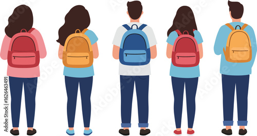 Flat vector illustration of diverse students with backpacks seen from behind
