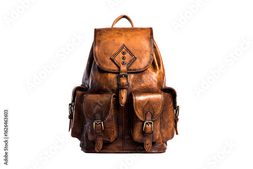 High quality image of a worn, brown leather backpack.