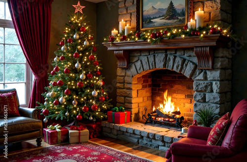 Wallpaper Mural Cozy Christmas living room with tree, gifts, and fireplace glowing warmly. Torontodigital.ca
