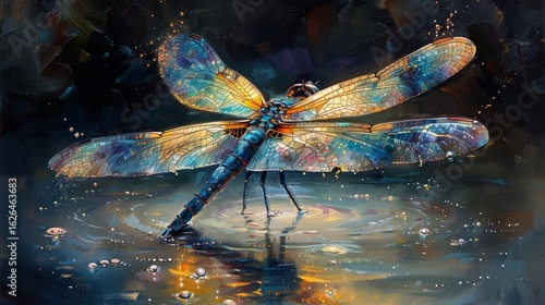 A detailed study of a dragonfly alighting on a pond, its iridescent wings and agile form highlighted against the calm water.