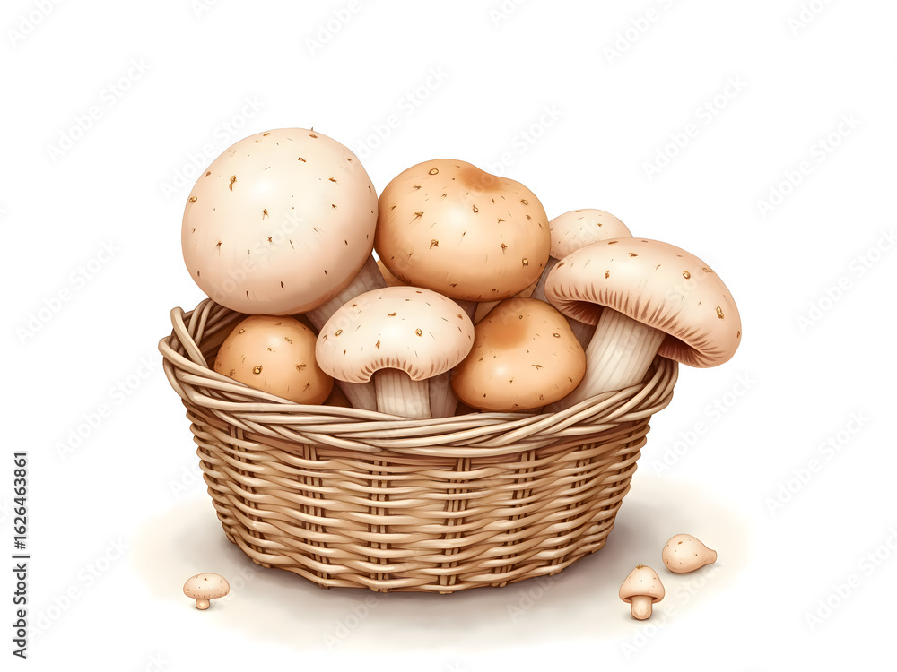 Basket of fresh mushrooms watercolor illustration on white background Basket of fresh mushrooms watercolor illustration on white background