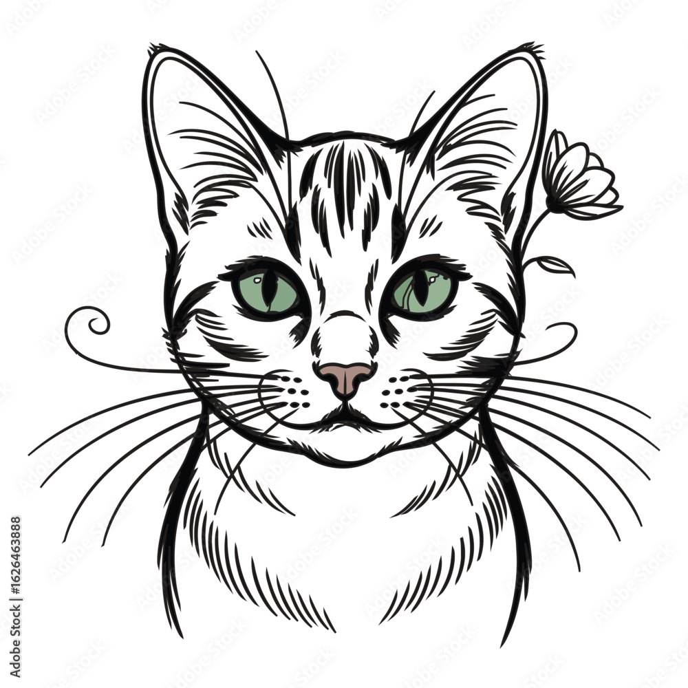 Fototapeta premium Artistic sketch of a tabby cat s face with a flower behind its ear and unique whiskers