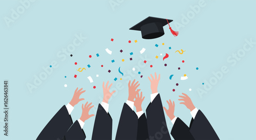 Flat vector illustration of graduate hands throwing cap in the air with confetti
