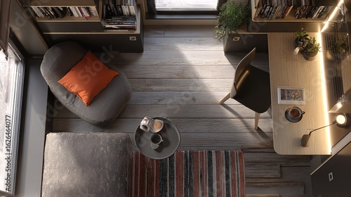 Modern Micro Apartment Workspace with Natural Light and Coffee