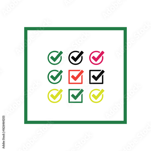 Colorful Check Marks and Boxes on White Background with Green Border Confirm Selection and Task Completion Illustration