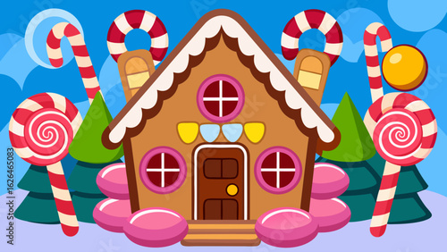 Illustration of a gingerbread house with candy canes and gumdrops in a winter wonderland scene design