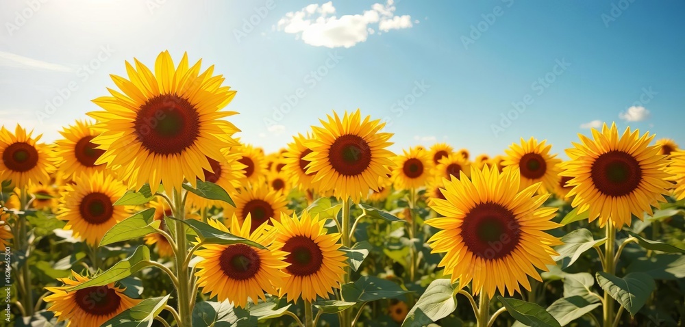 Obraz premium Vast field of vibrant sunflowers under a bright summer sky, horizon, bloom