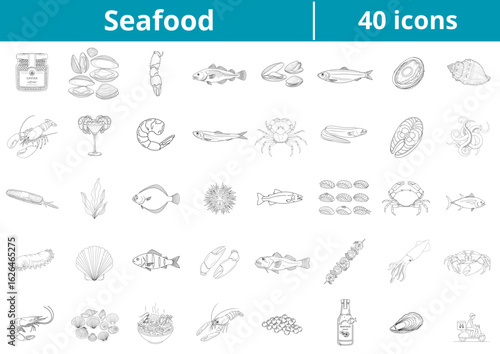 Seafood icon set featuring 40 hand-drawn illustrations 