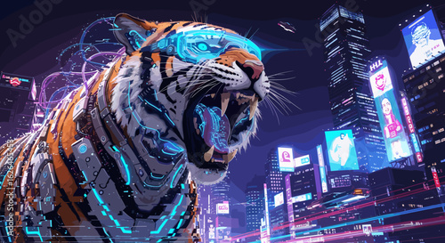 Cybernetic Tiger Roaring in Futuristic Neon Cityscape at Night