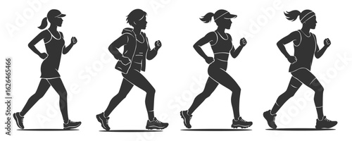 Set cartoon silhouette female engaging fitness and athletic activity. Bundle people doing running activity with various outfit. Flat vector illustrations healthy lifestyle. Female sprinter athlete.