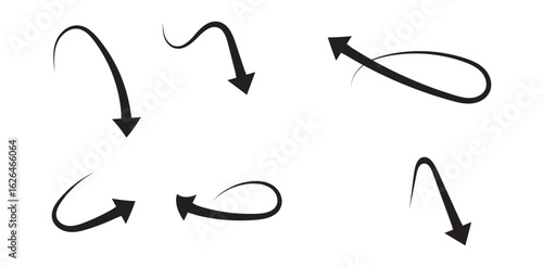Pfeile Vektor Set: Schwarze gebogene Richtungspfeile mit kräftigem Stil, Bewegung, Schleifen, Modernes Design, Skizzenillustration, Doodle-Elemente (Nr. 234)

