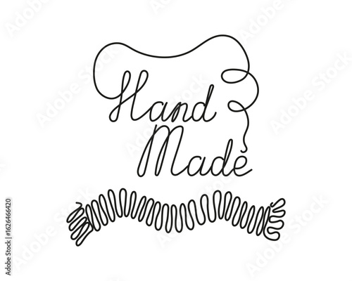 Calligraphy inscription, Handmade. Knitted scarf. Drawing, line art. Text, hand lettering. Logo, handcraft. Text in the form of a thread in the style of line art.