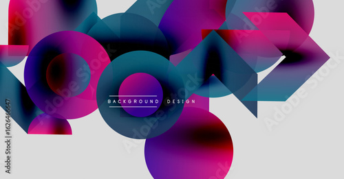 Abstract shapes overlap, creating vibrant gradients. Purple, blue hues dominate design, offering modern aesthetic. Minimalist style.