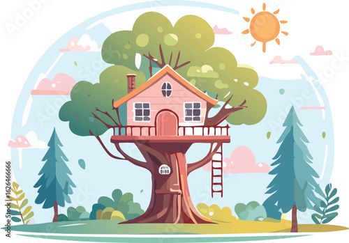 Fantasy Cartoon Forest Scene with Treehouse in Soft, Whimsical Colors