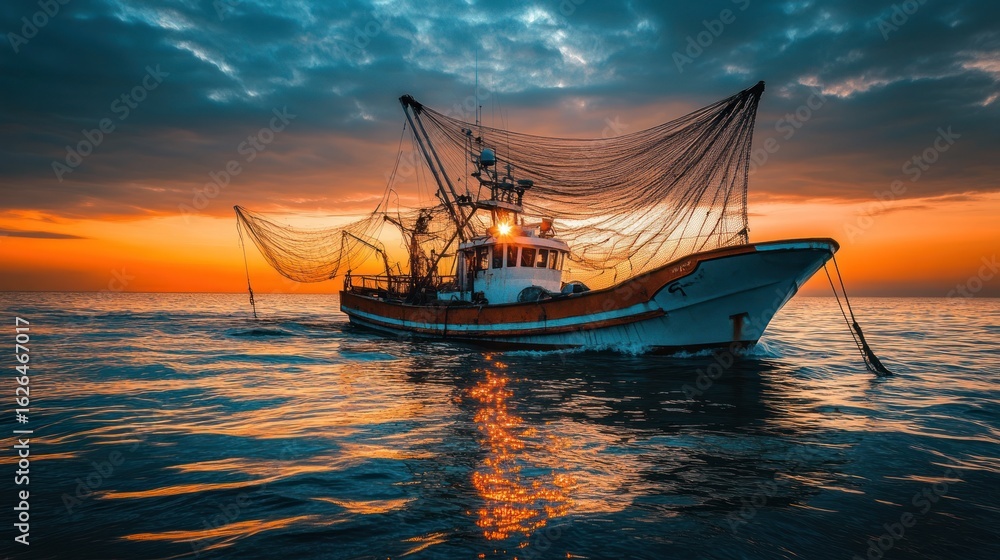 Obraz premium Fishing boat at sunset