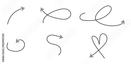 Pfeile Set: Handgezeichnete gekrümmte Linien, Herzpfeil, Schleifen, Doodle-Stil, Richtung, Skizze, Vektorillustration, minimalistisch, grafisch (Nr. 219)


