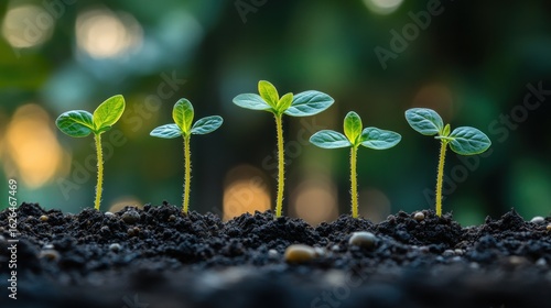 Five young plants sprout from soil, sunlight