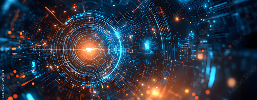 Obraz premium Futuristic background for a tech conference keynote. Abstract digital data tunnel with glowing blue and orange light streams.