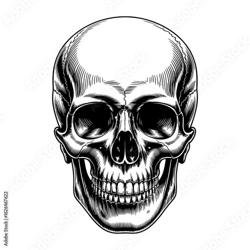 Detailed hand drawn sketch of a human skull facing forward in a classic engraving style