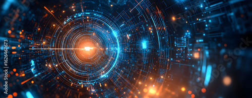 Futuristic background for a tech conference keynote. Abstract digital data tunnel with glowing blue and orange light streams.