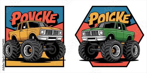 Vector art of two monster trucks isolated on white background