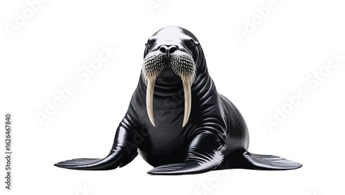 Silhouette of Seated Walrus with Tusks and Flippers on White Background

