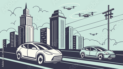 Illustration of futuristic city with self driving cars and drones flying over skyscrapers and roads