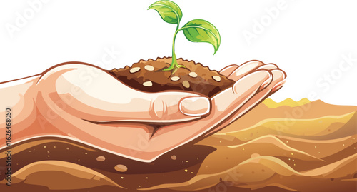 Close-Up of Hand Holding a Sprouting Seed on Rich Textured Soil