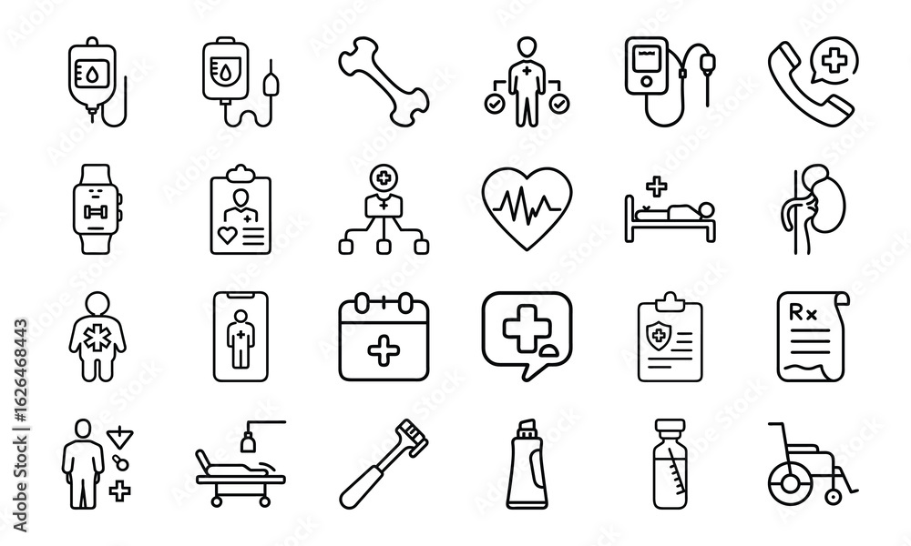 Naklejka premium Modern Healthcare and Medical Line Icons – Patient Care, Hospital Equipment, Diagnosis Tools, Toothbrush, Prescription, Injection, and Medical Communication Symbols